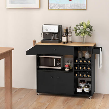 Kitchen Island Cart With Drop-leaf & Power Outlet Rolling Kitchen Cart On Wheels With Microwave Shelf Glass Holder