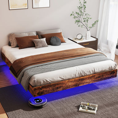 Floating Bed Frame with LED Lights Metal Slats Underbed Storage Space No Box Spring