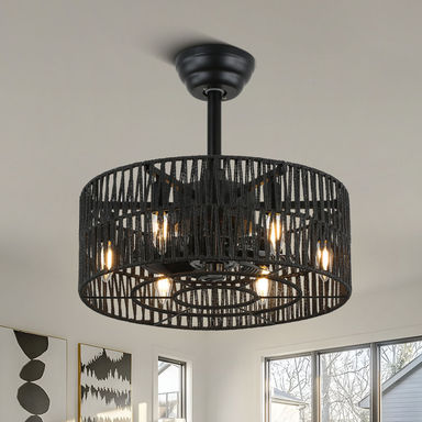 Angelyca Black Rattan Caged Ceiling Fan with Light Kit and Remote
