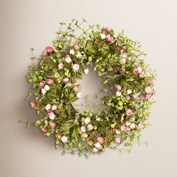 26" Artificial Farmhouse Twig Blossoms Cluster Greenery Mini Eucalyptus Rose Spring Summer Wreath For Front Door Wedding Party Home Decor