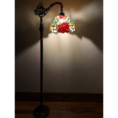 Tonsey Tiffany Floor Lamp Rose Flowers Red Orange Stained Glass LED Bulb Gooseneck Adjustable H63"