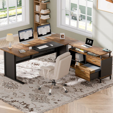 63" Executive Office Desk Drawer Cabinet,L Shaped Desk With Shelves,Split Computer Desk And Lateral Hanging File Cabinet,Home Office Furniture For Hom