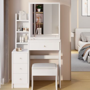 Extra Large Right Sliding Mirror Vanity Table With Stool For Small Spaces - Material 29.2" And Cushioned White Area