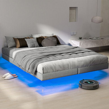 Base de lit flottante avec lumières à DEL avec lattes de métal et espace de rangement sous le lit