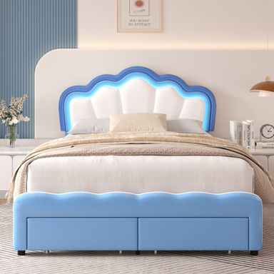 Avalie Upholstered LED Bed with Drawer & Adjustable Headboard, Kids Beds