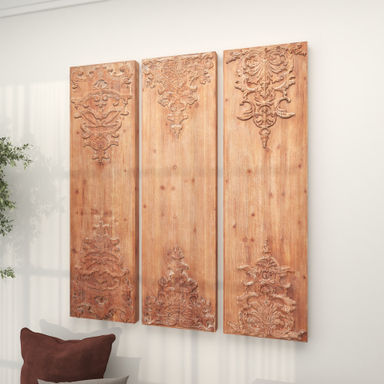 Bungalow Rose Brown Wood Carved Antefix Floral Wall Decor Set of 3 16"W, 55"H & Reviews | Wayfair
