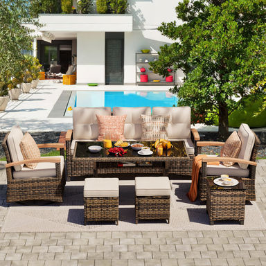 Lark Manor™ 7 Pieces Patio Furniture Sets, Outdoor Rattan Furniture Conversation Sets With 2 Wood Armrests Swivel Rocker Chairs, 3-Seat Sofa, 2 Ottoman And Dining Table | Wayfair