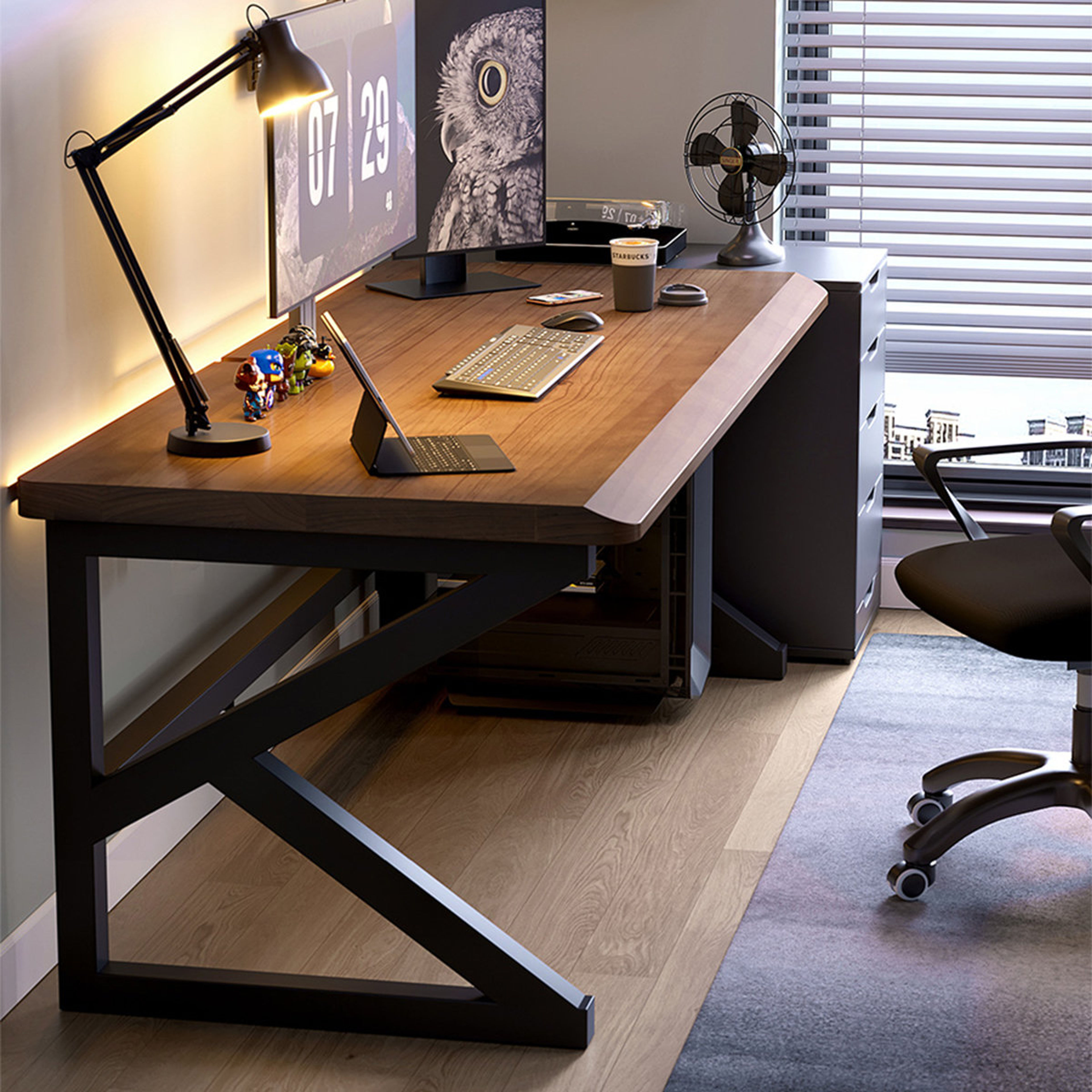 Hokku Designs Light Walnut Black Solid Wood Iron Rectangular Desk