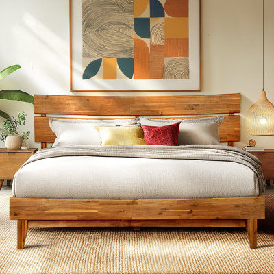 Acacia Antione Premium Solid Wood Platform Bed with Headboard, Farmhouse Style, Queen Size, No Box Spring Needed, Tall Headboard, Midcentury Modern De