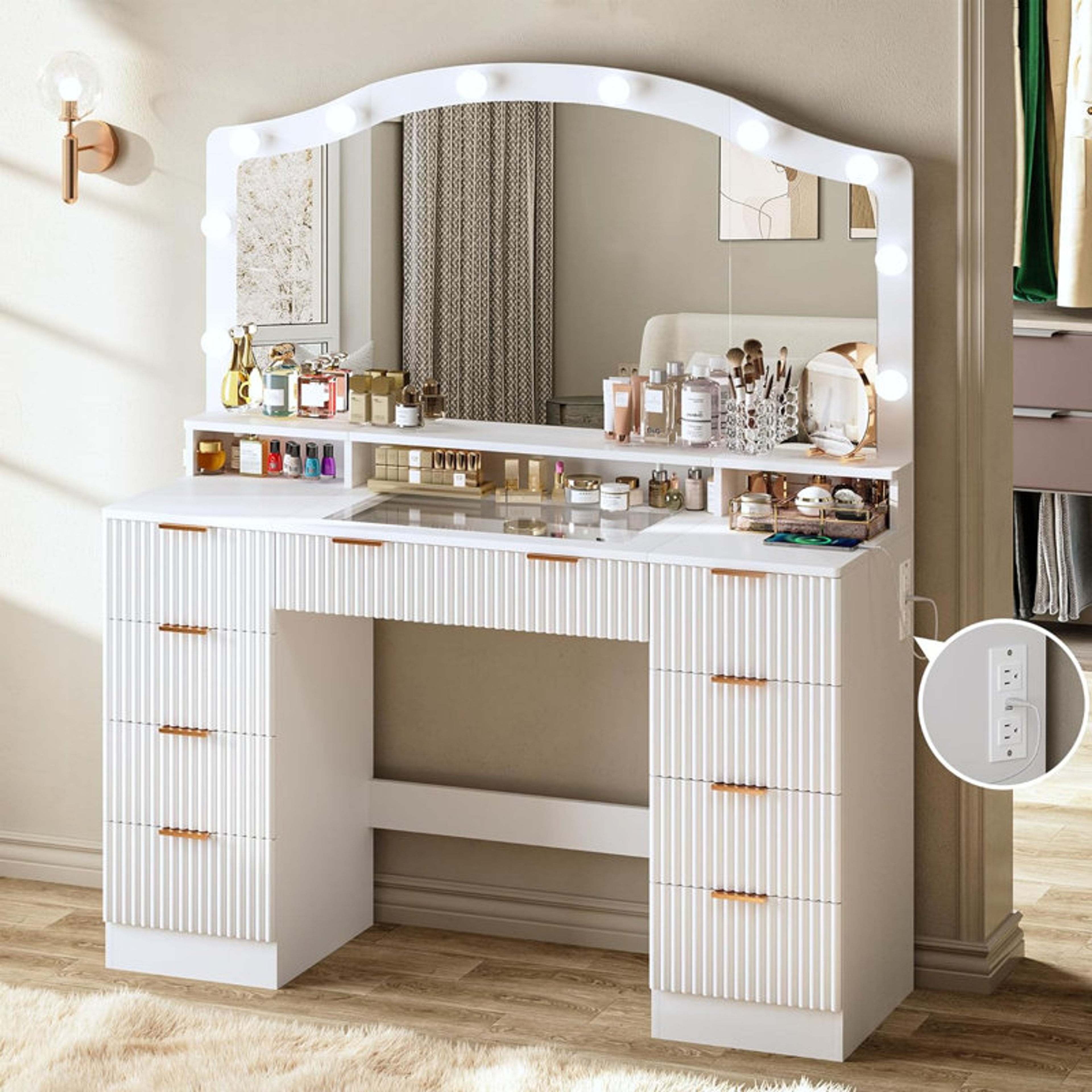 46" Fluted Makeup Vanity Desk with LED Mirror Lights & 9 Drawers