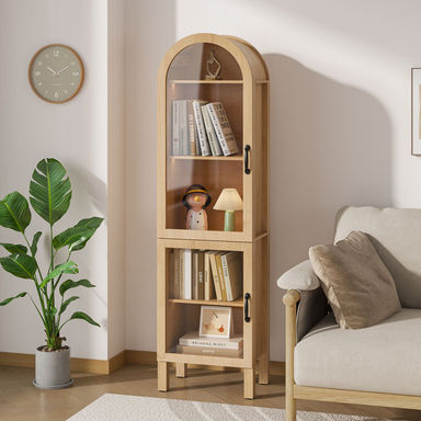 Arched Display Cabinet Bookcase With Glass Doors, Curio Cabinet Farmhouse Dining Cabinet With Storage, Arch Accent Cabinet For Living Room