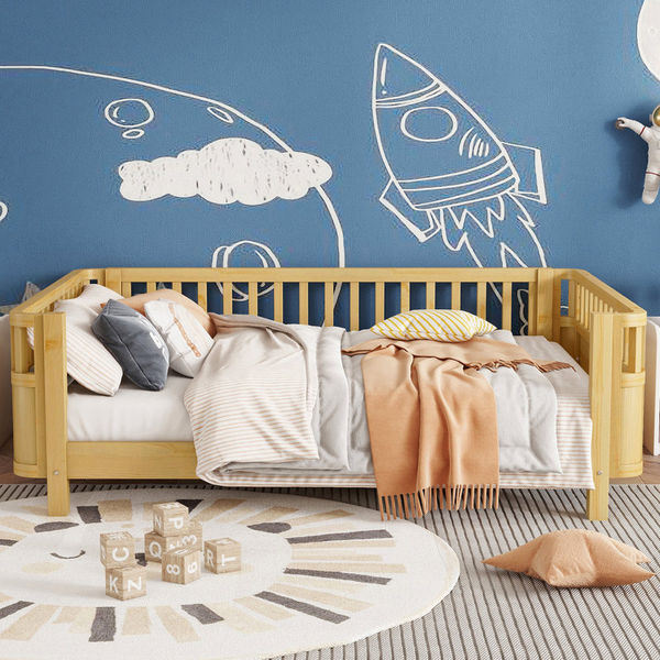 Full Size Wood Platform Bed For Kids, Wood Low Profile Full Bed With Rails