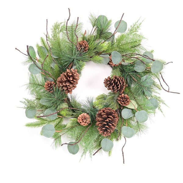 24" Artificial Farmhouse Blossoms Cluster Greenery Leaves Cedar Winter Christmas Wreath For Front Door