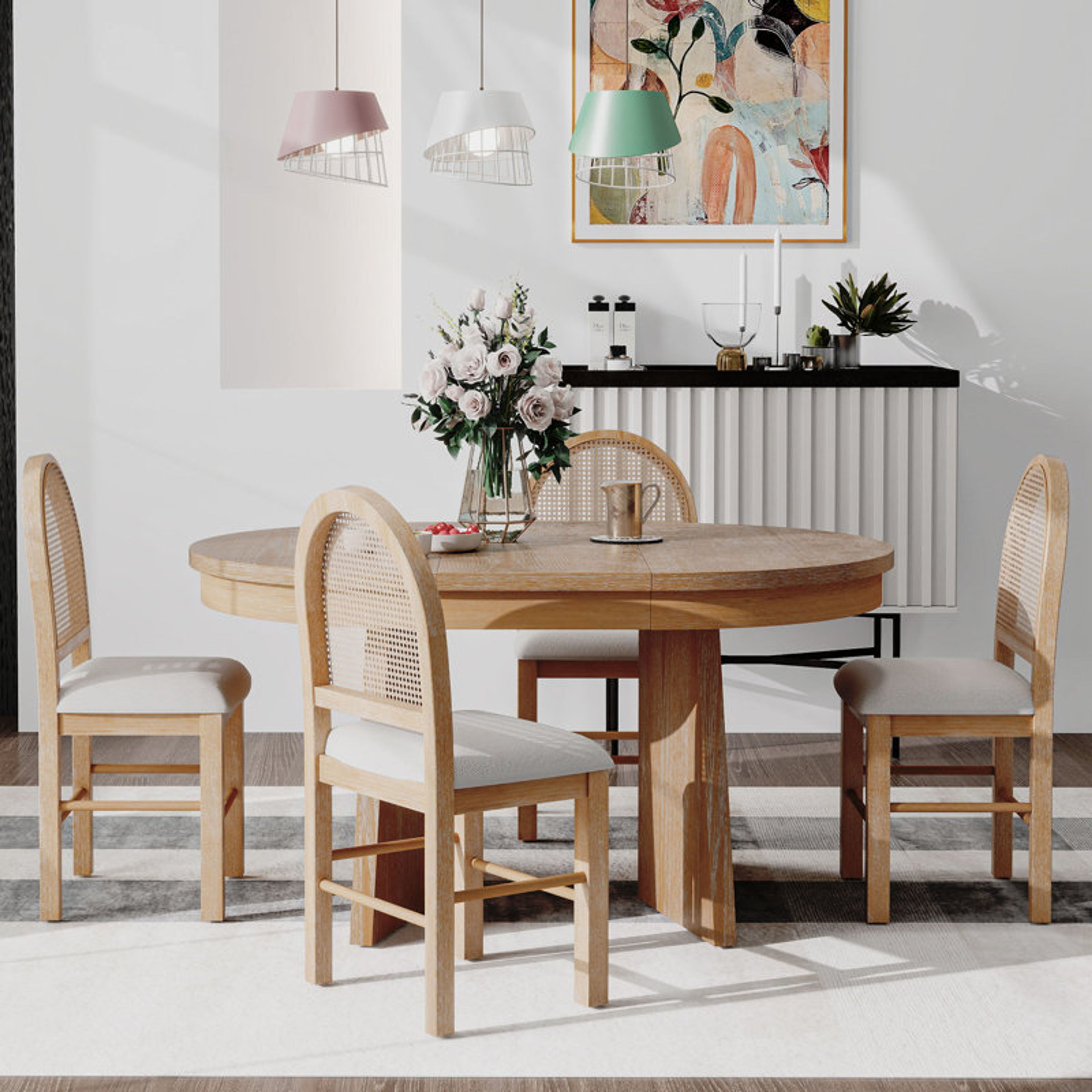 Vintage 5-Piece Extendable Oval Dining Set Rattan Chairs