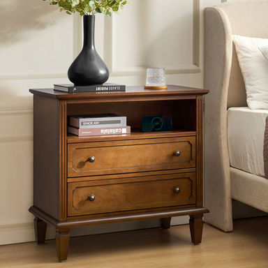 Amberlyn 27.2'' H Traditional2-Drawer Nightstand with Built-In Outlets and Solid Wood Legs and Open Shelve