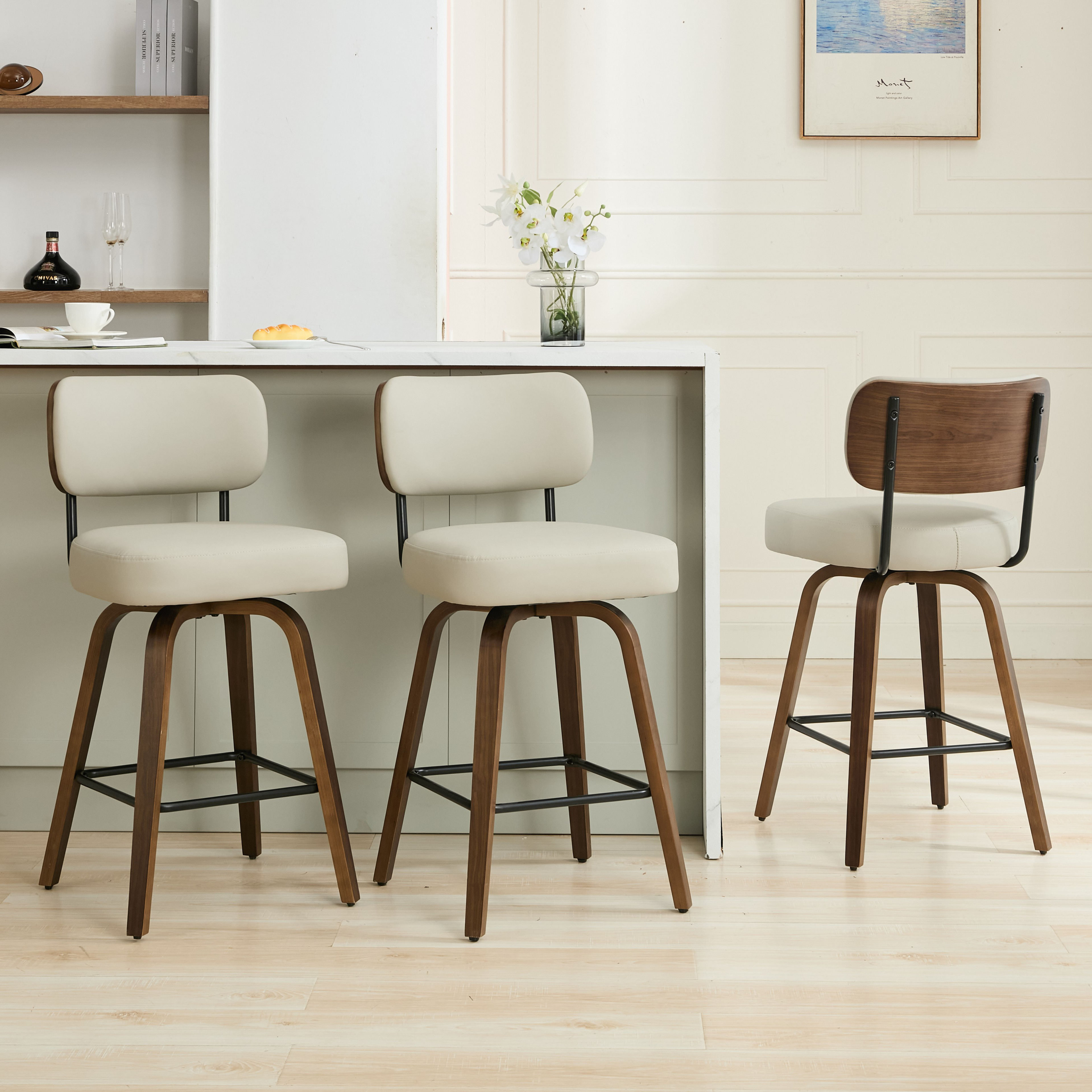 Swivel Upholstered Counter Stool with Wood Frame | Modern Bar Seating