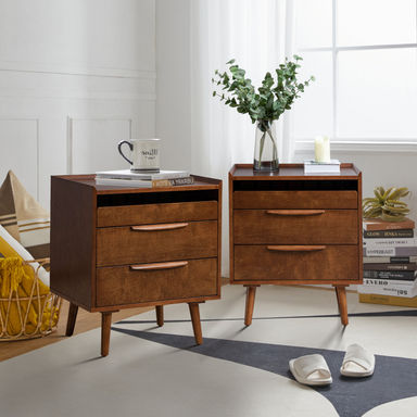 Sebrina Mid-century Modern 3 - Drawer 28“ Tall Nightstand with Built-In Outlets and Solid Wood Legs