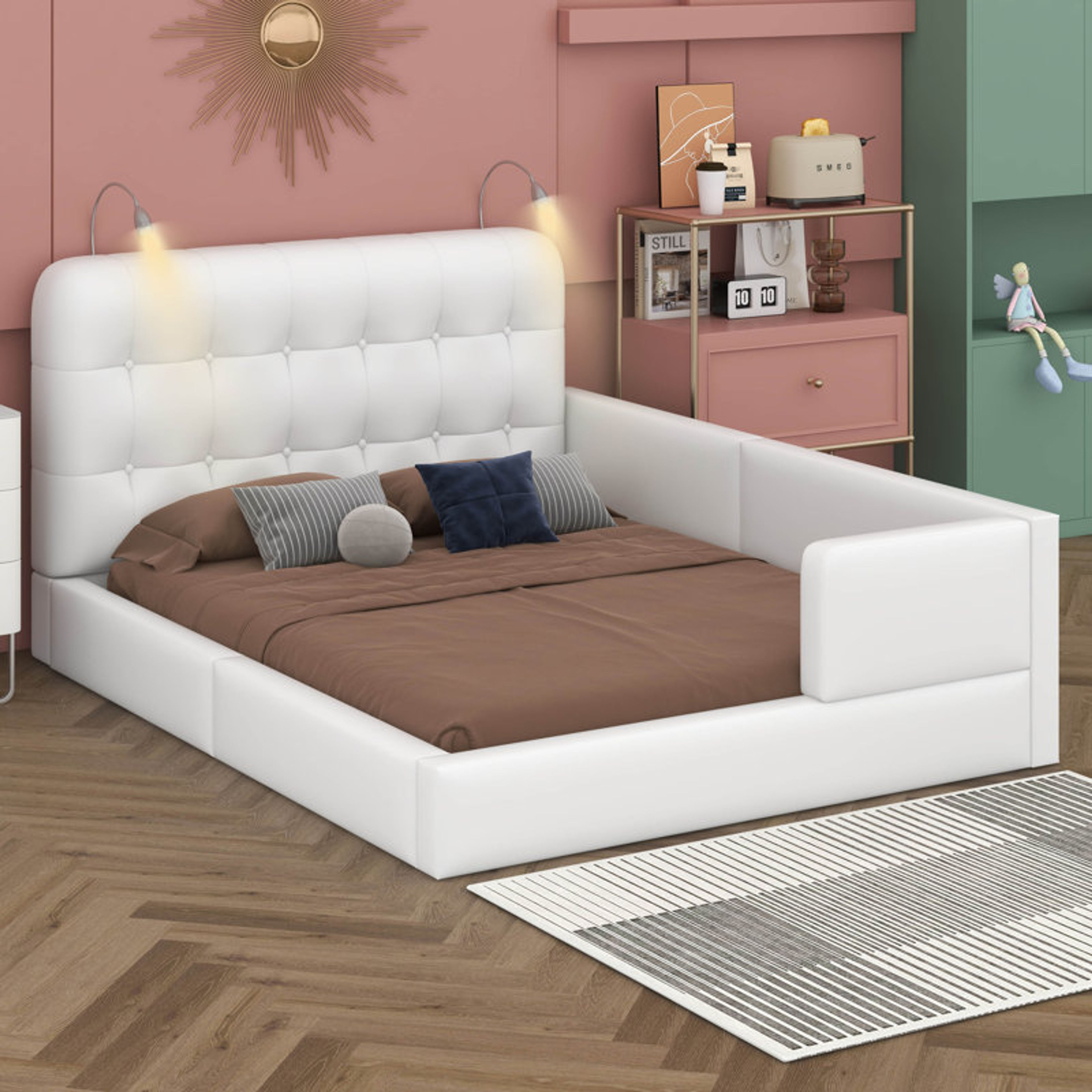 Queen Size PU Leather Platform Bed with Reading Lights - White