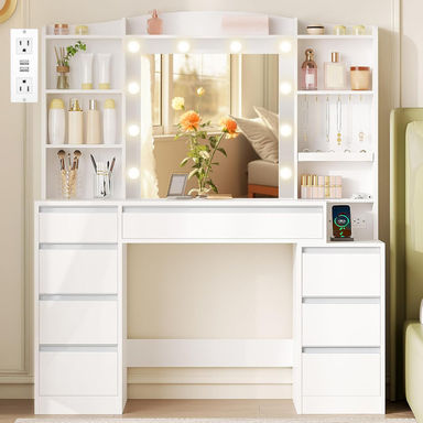 Large Vanity Desk with Mirror and RGB Light, Makeup Vanity with Power Strip, Modern, White
