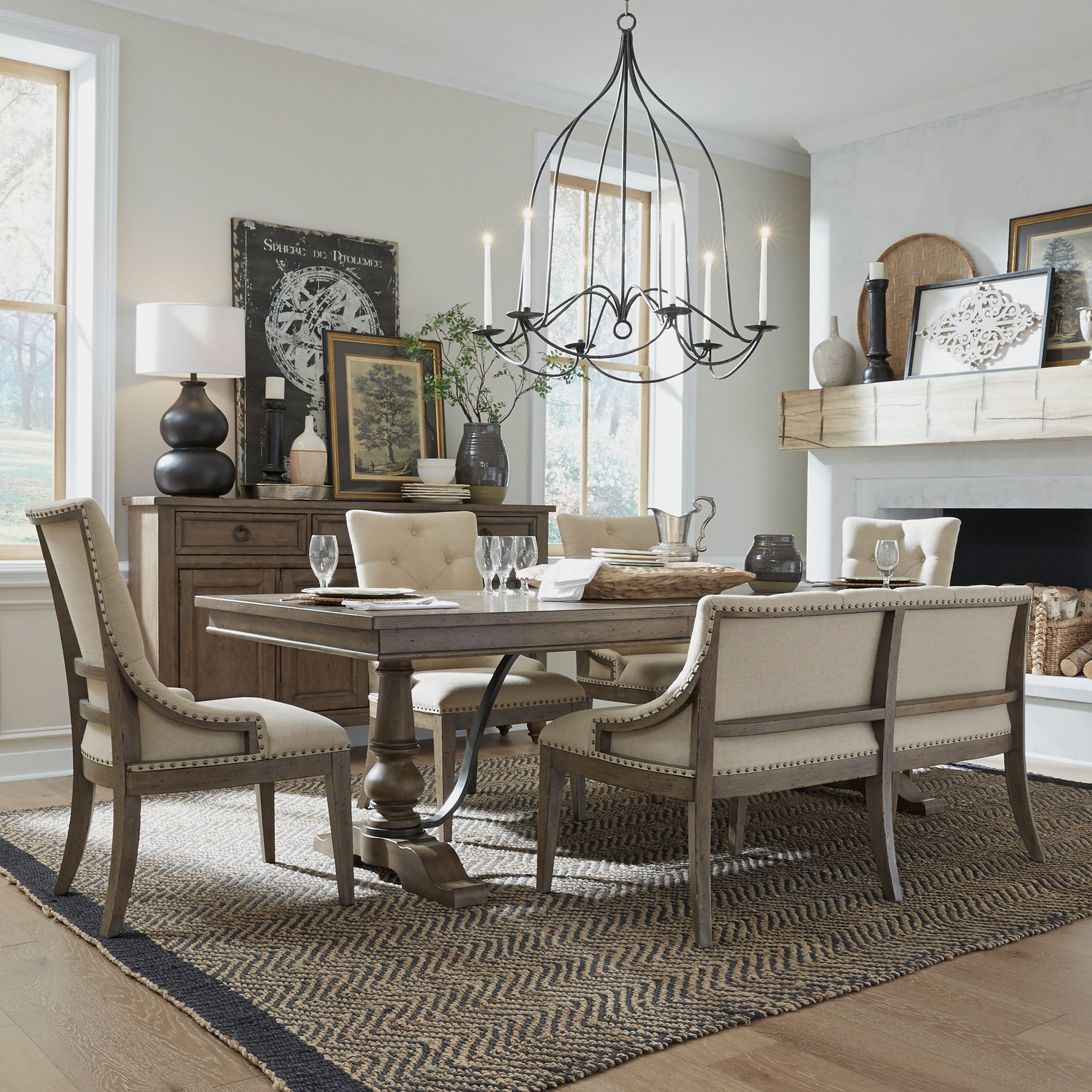 Lark Manor Aisja 6-Person Trestle Dining Table Set with Chairs & Bench