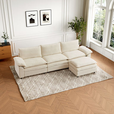 113.58" Chenille Upholstered Sofa, Comfy Cloud Couch with Ottoman