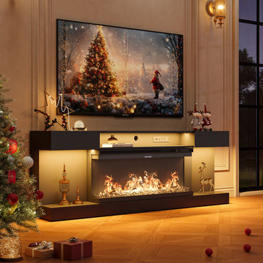 70" Modern TV Stand with Electric Fireplace Included for 80" TVs, LED TV Console & Entertainment Center with Storage