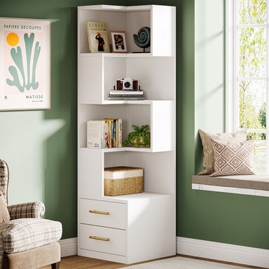 Mercer41 66.9" H Corner Bookcase With 5-Tier Shelf And 2 Drawers, L-Shaped Corner Storage Shelf Bookshelf & Reviews | Wayfair