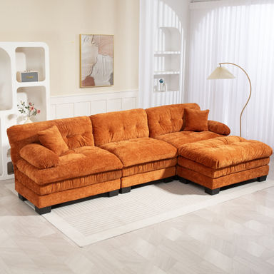 120" Chenille Reversible Deep Seating 3-Seat L-Shaped Modular Sectional Sofa With Ottoman