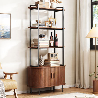 71" Modern Bookcase, 4-Tier Book Shelf With Curved Storage Cabinet and Sliding Door For Living Room, Bedroom.