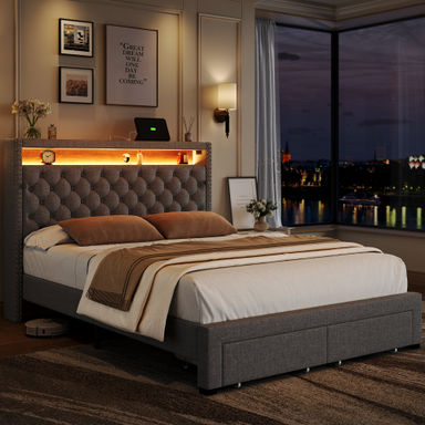 Ivy Bronx Storage LED Headboard with Charging Station Bed Frame & Reviews | Wayfair