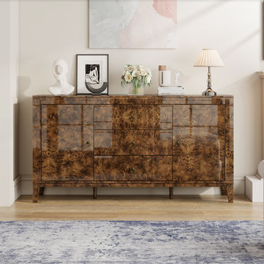 Adamarys Mappa Burl Wood Sideboard Buffet Mid Century Modern Cabinet Buffet Table with 4 Drawers& 2 Closed Storages, Highgloss Sideboard for Dining Living Room