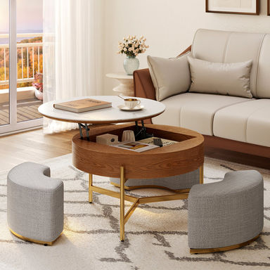 Bulverde Lift Top Extendable Frame Coffee Table with Storage 3 Stools, Stainless Steel Legs
