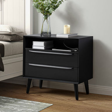 Aviannah Midcentury Modern 2 - Drawer Nightstand with Built-In Charging Station and Rubber Wood Legs and Open Shelf
