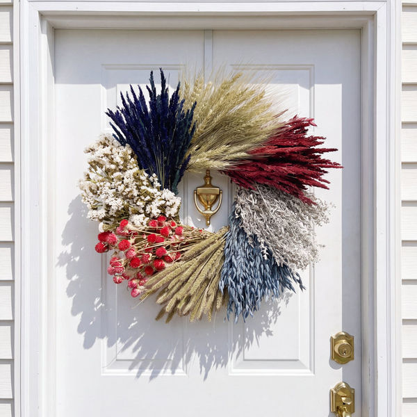 Natural Dried Flower Red, White, and Blue Grains Herbal Patriotic Wheel Wreath