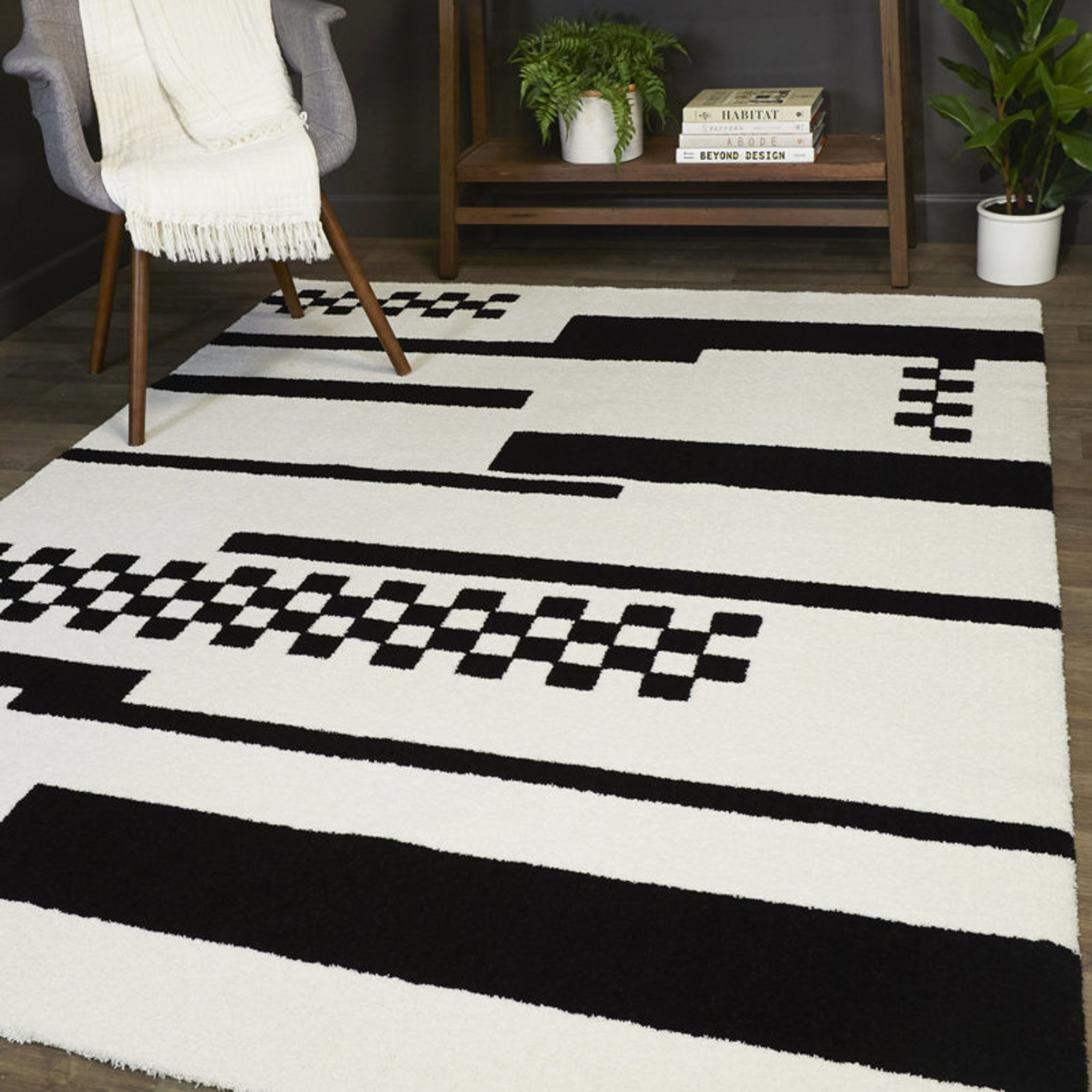 Batasi Abstract Ivory Area Rug 5x7 Modern Black White Stripes