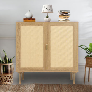 Rattan Decorated Kitchen Sideboard Buffet Storage Cabinet, Console Table/Accent Cabinet with Doors