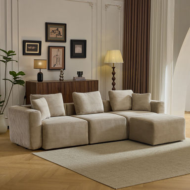 110''W Corduroy ModernCompressed Block Couch With Plush Cushions