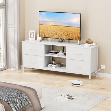 Ebern Designs Janeesa TV Stand Dresser with Power Outlet ,Fabric Storage, Chest of Drawers With 4 Fabric Drawers Open Shelves for 50" TV & Reviews | Wayfair