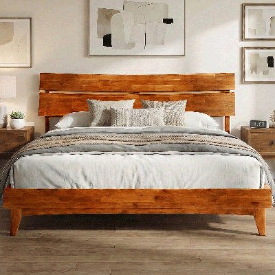 Acacia Aurora Premium Solid Wood Platform Bed Frame and High Headboard, King Bed Frame with Headboard Included, Mid Century Modern Bed Frame