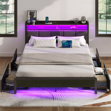 Franzi Bed with Storage Headboard, Bed Frame with 4 Storage Drawers, Charging Station and RGB  LED Lights