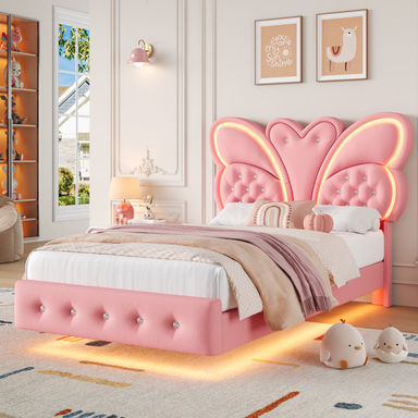 Butterfly Upholstered Floating Kid Bed With LED Light