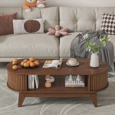 46.45" Oval Shaped Coffee Table With Storage, Fluted Accent Table For Living Room