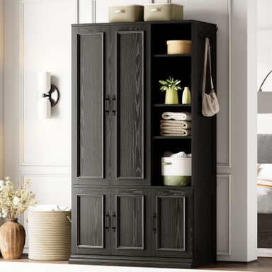 5-Door Wooden Wardrobe With Hanging Poles & 4 Open Storage Shelves, 70” Armoire For Hanging Clothes