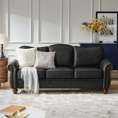 Dielle Transitional 81" Wide Leather Sofa with Solid Wood Legs