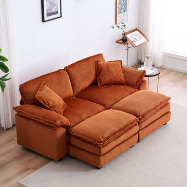 Ariaha 84.6'' Oversized Upholstered Sofa, Comfortable Corduroy Velvet Cloud Couch, Modular Combo Loveseat with 2 Ottomans