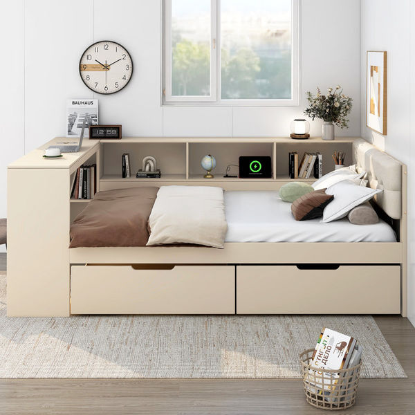 Wood Platform Bed With Storage Shelves, Drawers, Charging Station And Upholstered Headboard
