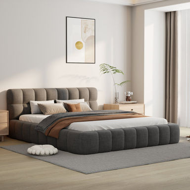 Katence Elegant Linen Queen Platform Bed with Upholstered Headboard and Solid Frame Stability