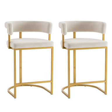 Modern Velvet Bar Stools With Barrel Backrest, Upholstered Seat, And Metal Footrest – 25.6-inch Seat Height, Ideal For Counters, Home Bars, And Kitchen Islands (Set of 2)
