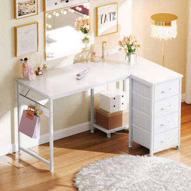 Ebern Designs Writing Desk With 4 Large Storage Drawers, L-Shaped Desk With Cpu Stand,Computer Desk With Versatile Hook & Reviews | Wayfair
