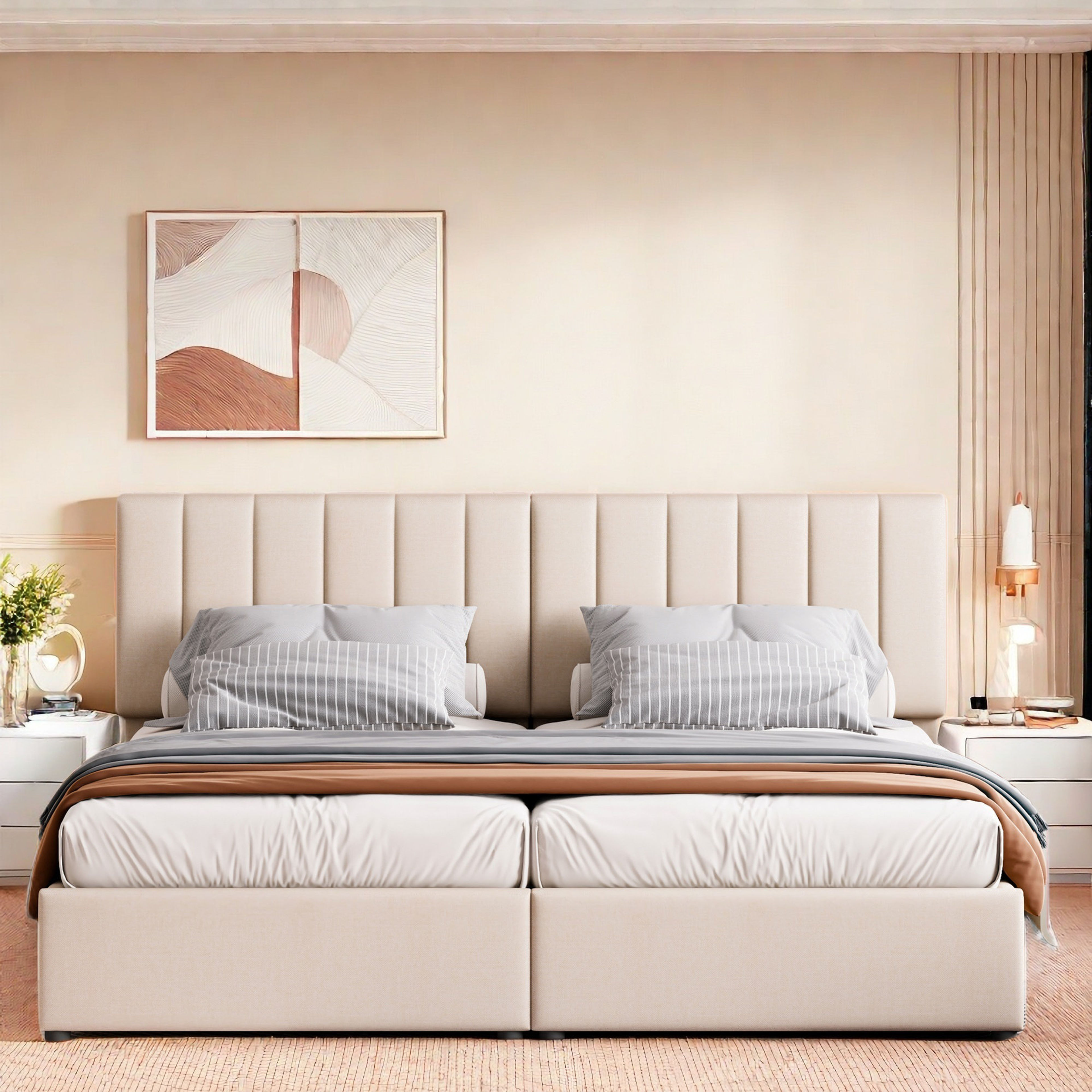 Urbanuniteusa Twin Upholstered Platform Bed with Storage & Striped Headboard